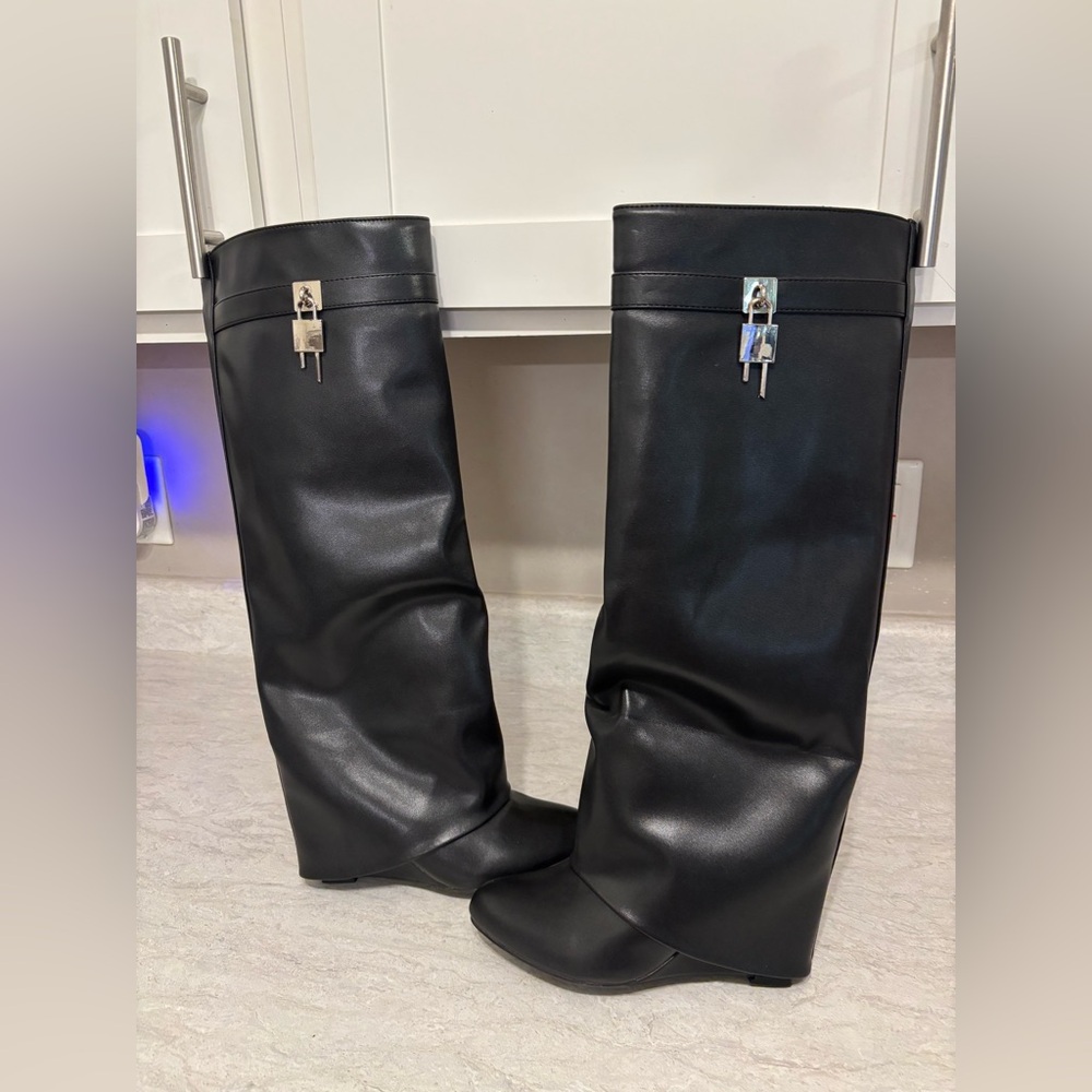 Black Over-the-Knee Wedge Boots with Silver Hardware